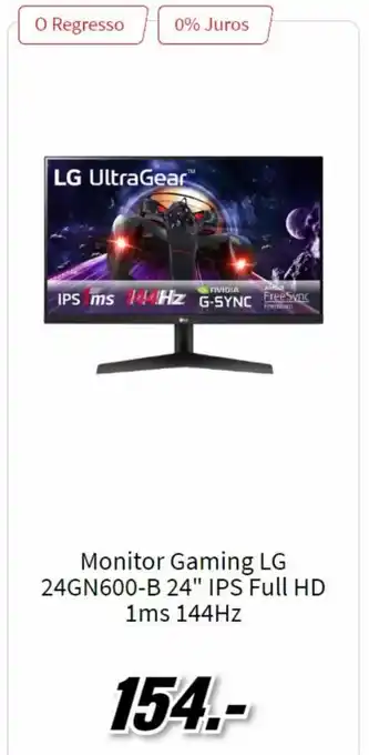MediaMarkt Monitor Gaming LG 24" IPS full HD 1ms 144Hz promoção