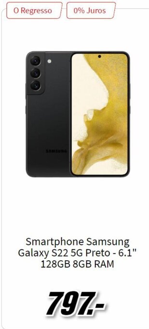 MediaMarkt Smartphone Samsung Galaxy S22 5G Preto 6.1" 128GB 8GB Ram promoção