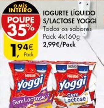 Pingo Doce Iogurte Líquido S/Lactose Yoggi Pack 4x160g promoção
