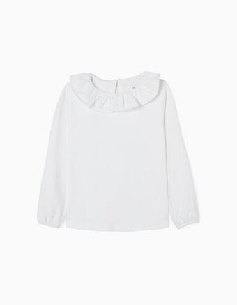 Zippy T-shirt de algodão com gola de folhos para menina, branco promoção