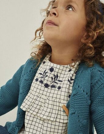 Blusa de algodão aos quadrados com bordados para menina, branco/azul escuro