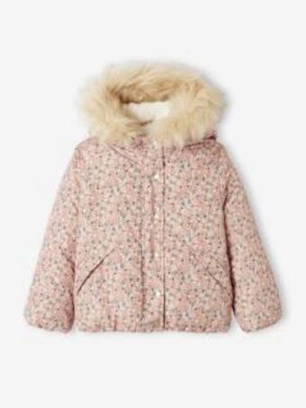 Vertbaudet Blusão curto com capuz, estampado às flores, para menina -... promoção