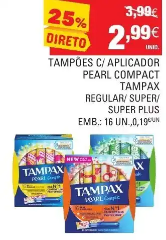 Continente Tampões c/ Aplicador Pearl Compact Tampax 16 Unid promoção