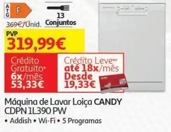 Auchan Maquina lavar loiça candy:branca cdpn 1l390 pw promoção