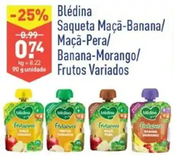ALDI Blédina Saqueta Maçã-Banana/ Maçã-Pera/ Banana-Morango Frutos Variados 90g promoção