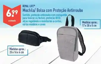 ALDI Royal Life Mochila/ Bolsa com Proteção Antirroubo 17 x 30 x 8cm/ 25 x 16 x 6cm promoção