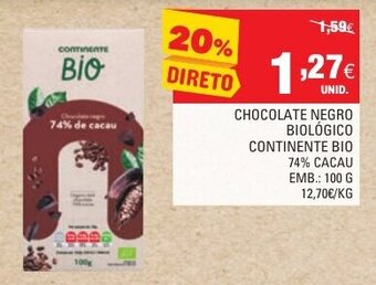 Continente Chocolate Negro Biológico Continente Bio 100g promoção