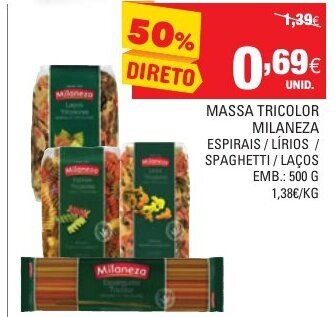 Continente Massa Tricolor Milaneza 500g promoção