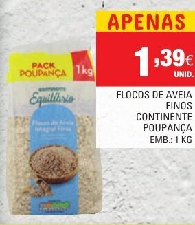 Continente Flocos de Aveia Finos Continente Poupança 1kg promoção