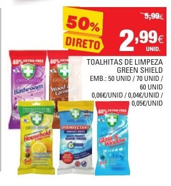 Continente Toalhitas de Limpeza Green Shield 50 Unid/ 70 Unid/ 60 Unid promoção