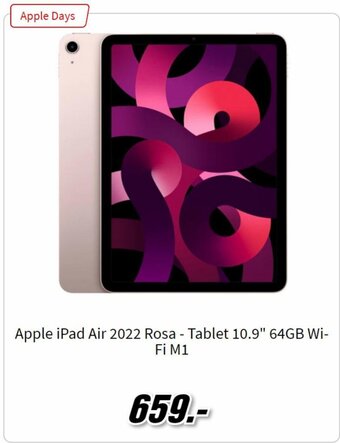 MediaMarkt Apple IPad Air 2022 Rosa - Tablet 10.9" 64GB Wi-fi M1 promoção