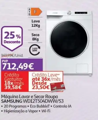 Auchan Maq.lavar/secar roupa samsung:branco wd12t504dww/s3 promoção