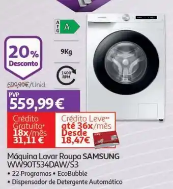 Auchan Maquina lavar roupa samsung:branco ww90t534daw/s3 promoção
