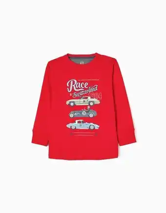 T-shirt de manga comprida em algodão para menino 'carros de corrida', vermelho