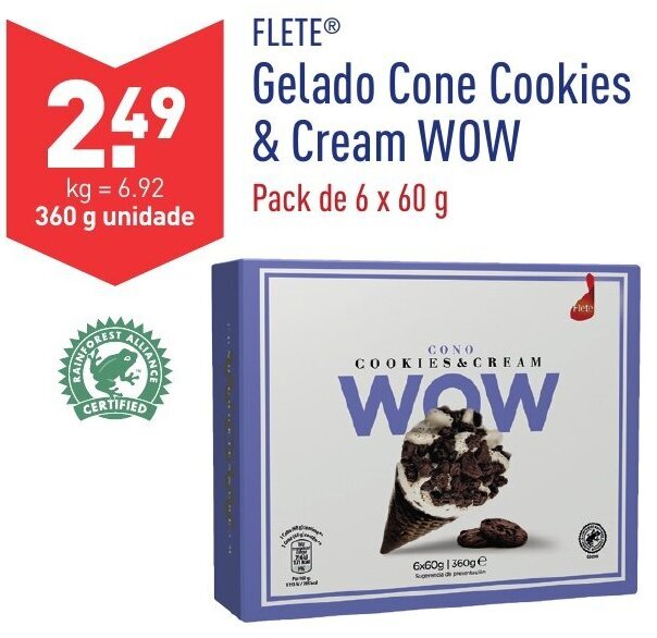 Promoção Flete Gelado Cone Cookies & Cream WOW 360g em ALDI