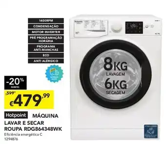 Radio Popular Hotpoint Máquina Lavar e Secar Roupa RDG864348WK Lavagem 8Kg/Secagem 6Kg promoção