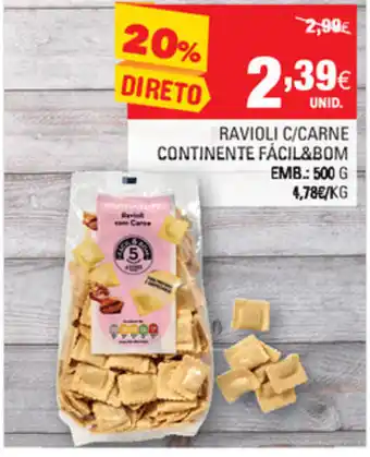 Continente Ravioli C/ Carne Continente Fácil & Bom 500g promoção