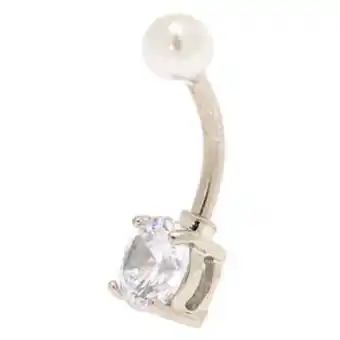 Silver 14g pearl top belly ring