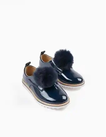 Sapatos de verniz com pompom para menina, azul escuro