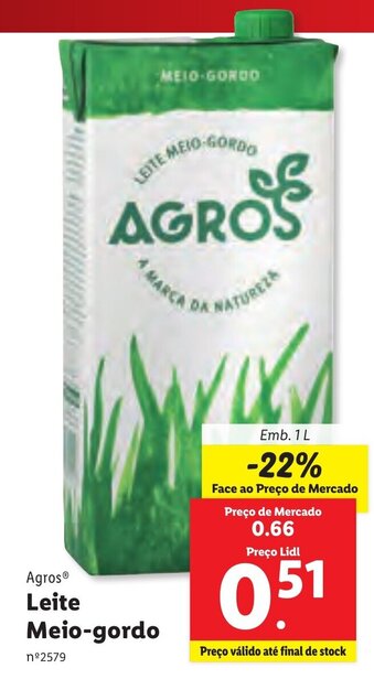 Lidl Agros Leite Meio-gordo 1L promoção