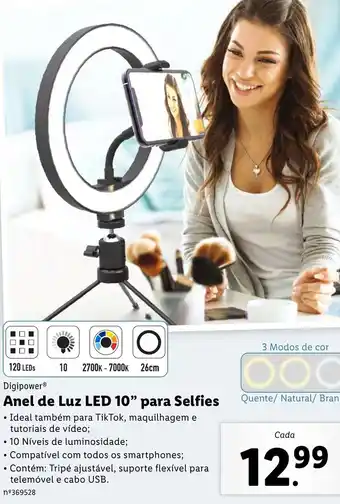 Lidl Digipower Anel de Luz LED 10" para Selfies promoção