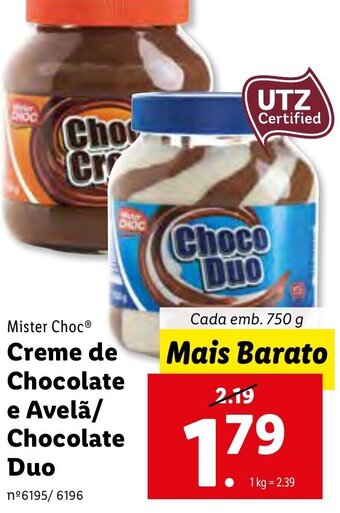 Lidl Mister Choc Creme de Chocolate e Avelã/ Chocolate Duo 750g promoção