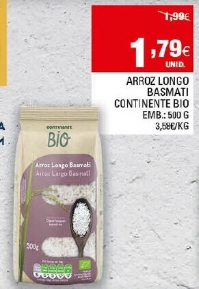 Continente Arroz Longo Basmati Continente Bio 500g promoção