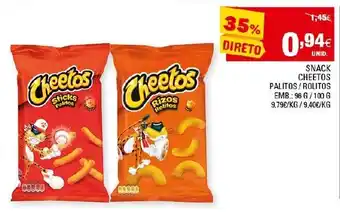 Continente Snack Cheetos Palitos/ Rolitos 96g/ 100g promoção
