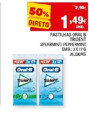 Continente Pastilhas Oral B Trident 3x17g promoção