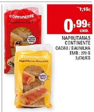 Continente Napolitanas COntinente CAcau/ Baunilha 270g promoção
