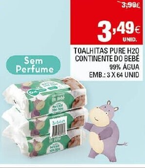 Continente Toalhitas Pure H20 Continente do Bebé 99% Água 3x64 Unid promoção