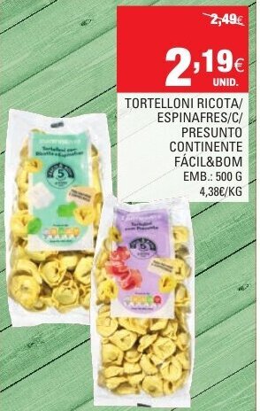 Continente Tortelloni Ricota/ Espinafres C/ Presunto Continente 500g promoção