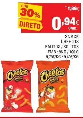 Continente Sancks Cheetos Palitos/Rolitos 96g/100g promoção