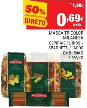 Continente Massa Tricolor Milaneza 500g promoção