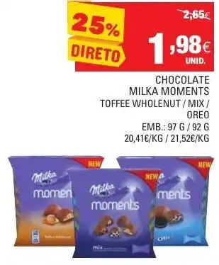 Continente Chocolate Milka Moments 97g/92g promoção