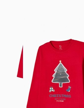 T-shirt de manga comprida em algodão para criança 'árvore de natal', vermelho