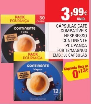 Continente Cápsulas Café Compatíveis Nespresso Continente Poupança 30 Cápsulas promoção