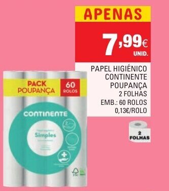 Continente Papel Higiénico Continente Poupança 60 Rolos promoção