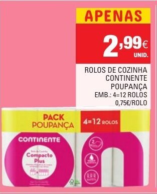 Continente Rolos de Cozinha Continente Poupança 4=12 Rolos promoção
