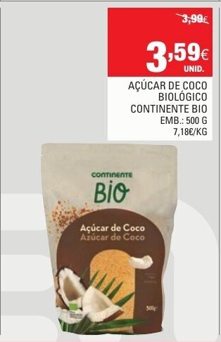 Continente Açucar de Coco Biológico Continente Bio 500g promoção