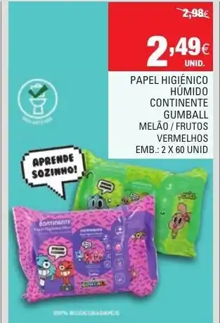 Continente Papel Higiénico Húmido Continente Gumball 2x60 Unid promoção