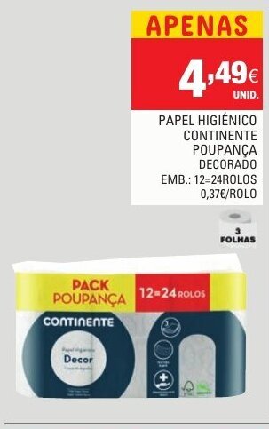 Continente Papel Higiénico Continente Poupança 12=24 Rolos promoção