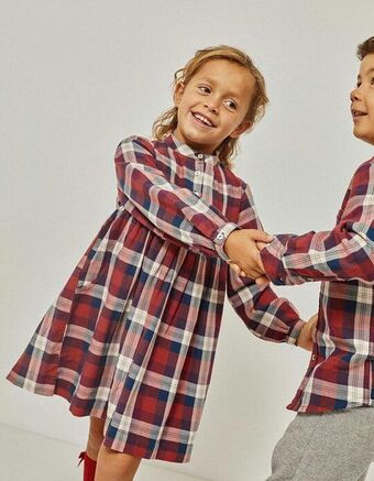 Vestido de algodão com xadrez para menina, vermelho/azul escuro