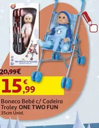 Auchan Boneco bebé one two fun c/cadeira troley 35cm promoção