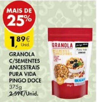 Pingo Doce Granola C/ Sementes Ancestrais Pura Vida Pingo Doce 375g promoção