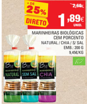 Continente Marinheiras Biológicas cem Porcento 200g promoção
