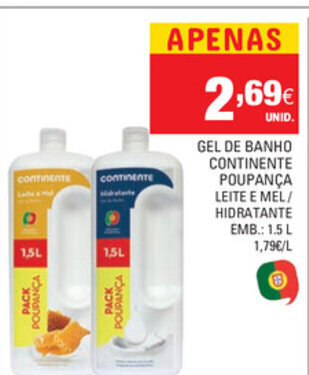 Continente Gel de Banho Continente Poupança 1,5L promoção