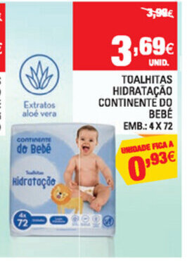 Continente Toalhitas Hidratação Continente do Bebé 4x72 promoção