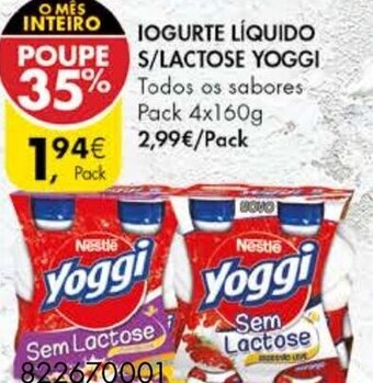 Pingo Doce Iogurte Líquido S/Lactose Yoggi Pack 4x160g promoção