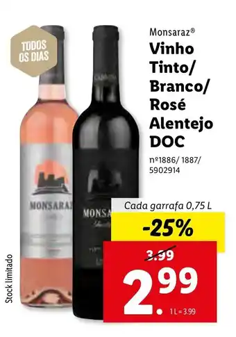Lidl Vinho Tinto/Branco/Rosé Alentejo DOC 0,75L promoção